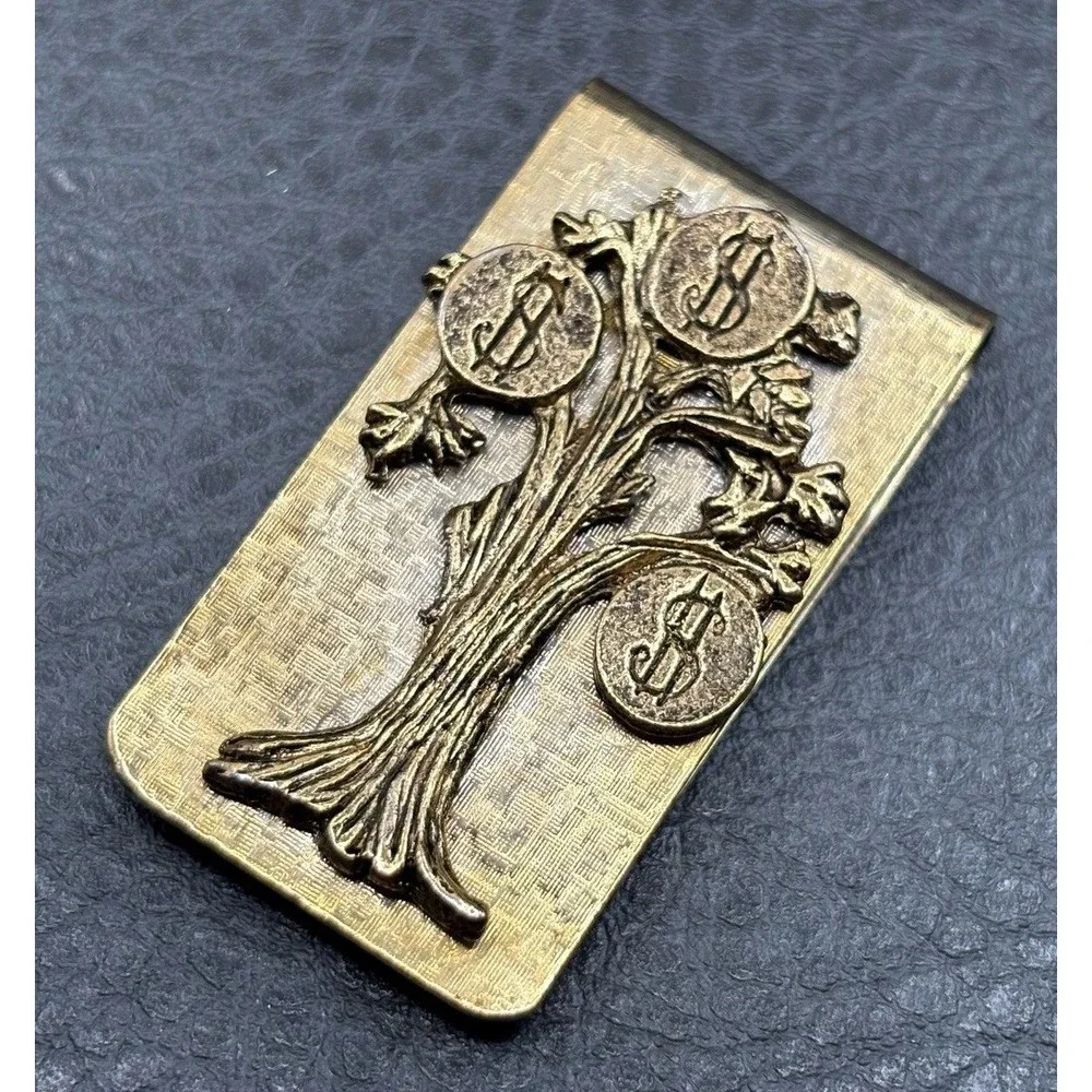 Vintage Money Tree Money Clip Dollar Sign Coins Design Gold Tone